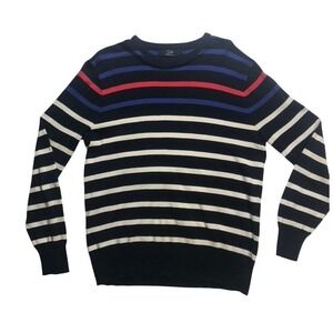 J Crew Mens Striped‎ Crewneck Sweater Cotton Blue Red White Size Medium Preppy